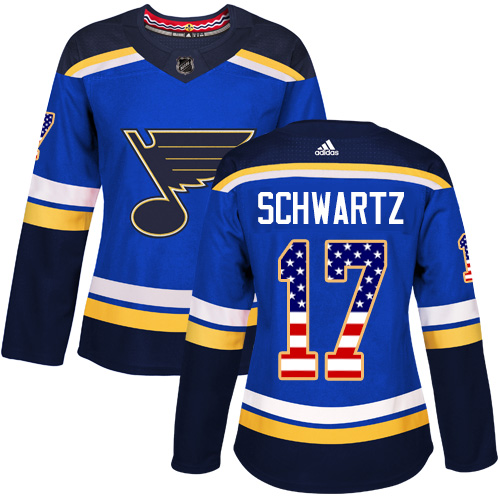 Adidas Blues #17 Jaden Schwartz Blue Home Authentic USA Flag Women's Stitched NHL Jersey - Click Image to Close